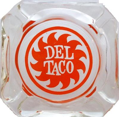 Del Taco Vintage Restaurant Ashtray, Clear Glass w/ Orange Logo