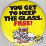 COCA-COLA & DAS WIENERSCHNITZEL “You Get To Keep the Glass Free” Vintage Pinback