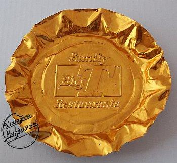 1970s BIG T FAMILY RESTAURANTS ASHTRAY Foil Gold tone Fluted Edges Round, Unused, Very Good Vintage