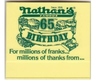 NATHAN’S Famous Restaurants 65th Birthday 1982 Employee Name Tag/Pin/Badge Yellow Plastic