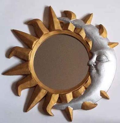 WALL MIRROR SUN MOON CARVED WOOD GOLD & SILVER Painted Vintage